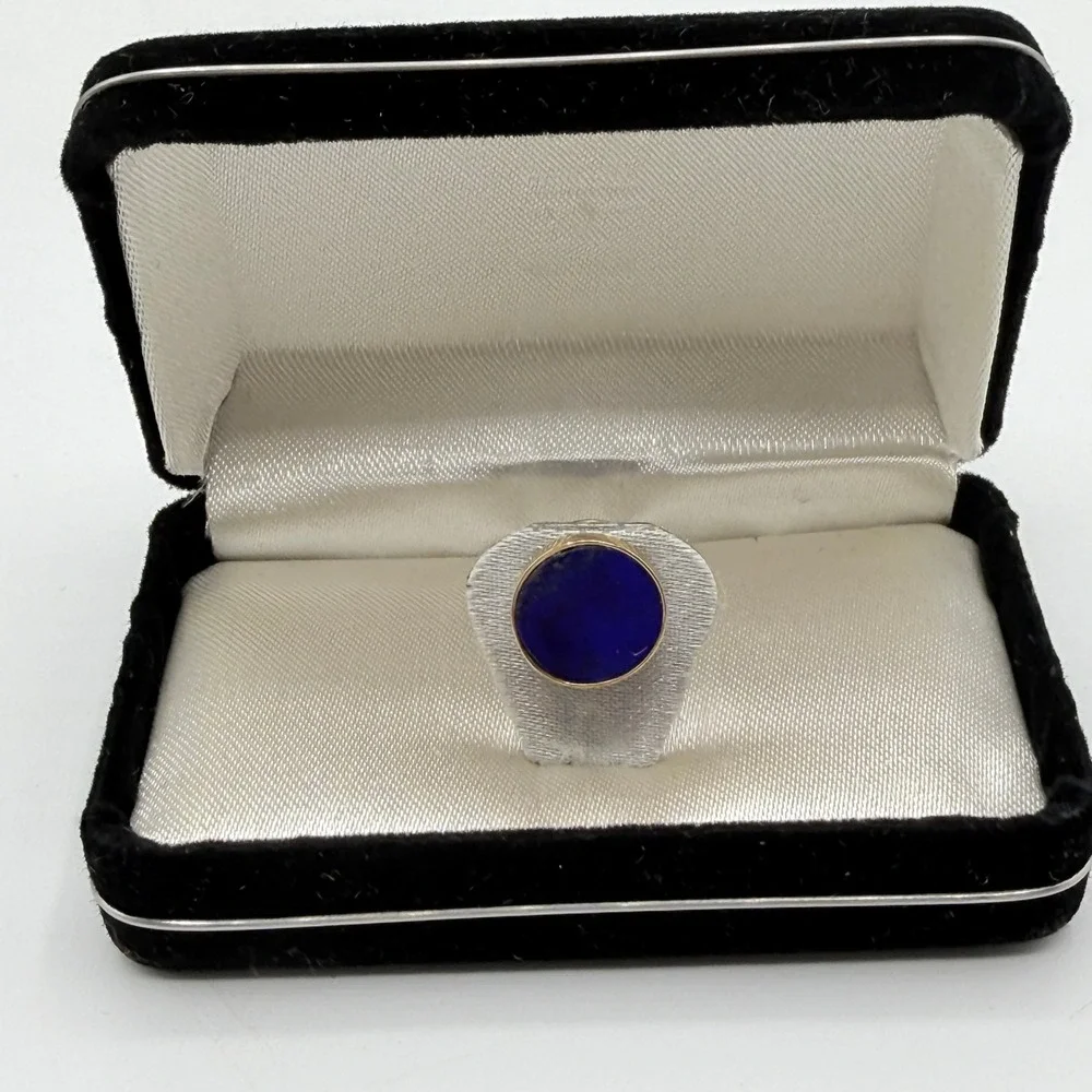 Vintage 14K Solid Yellow Gold Lapis Lazuli Tie Tack‎ Lapel Pin Round Blue Estate